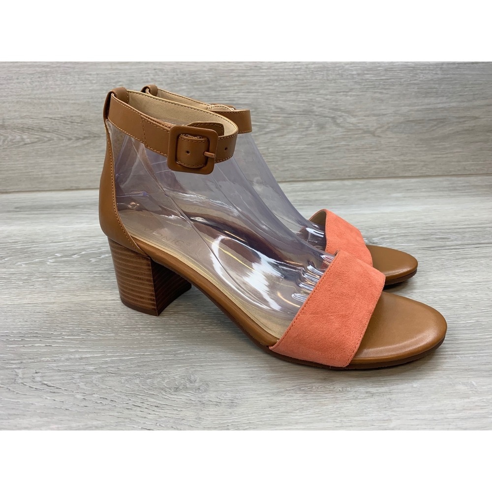Vionic Rosie Nat Block Heel Sandals Tan Coral Leather Suede Women's 11
